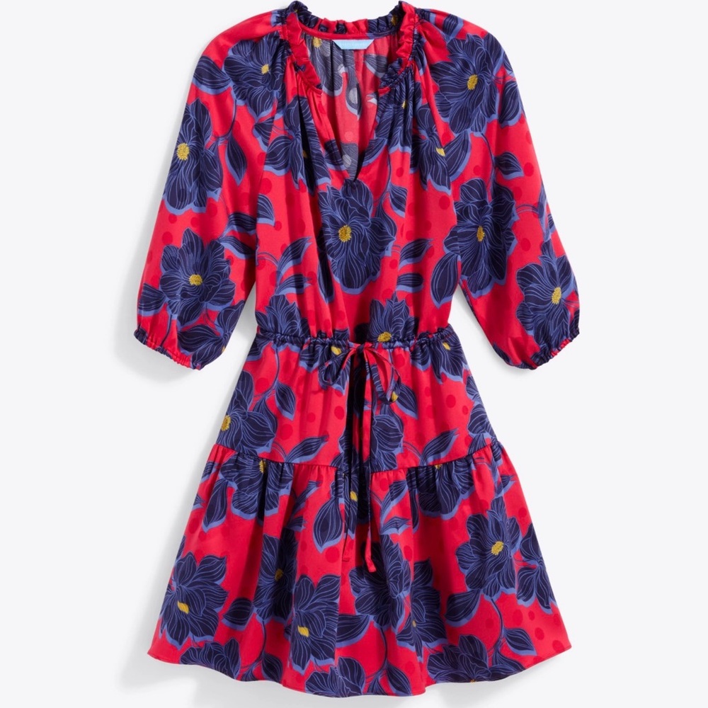 Draper James Martina Midi Size Large Magnolia Jacquard Floral Red Blue Dress